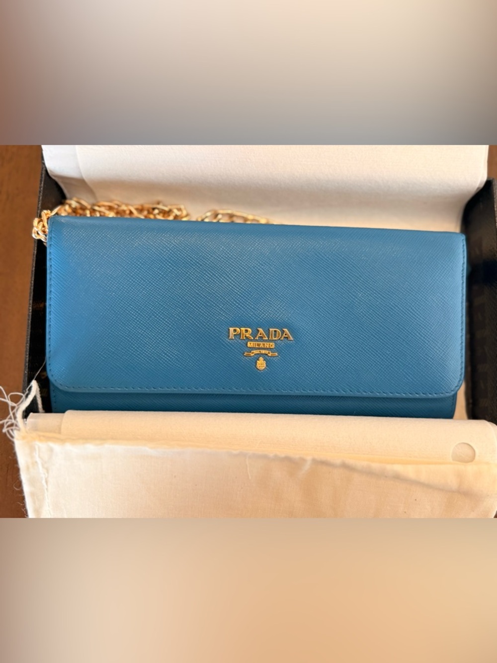 Prada Teal Saffiano Crossbody with Gold Logo and Chain